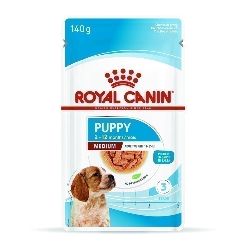 Royal Canin Medium Puppy Gravy · ภาพแสดง 1 ซอง · ร้านจำหน่ายแพ็ก 10 ซอง ซองละ 140 กรัม